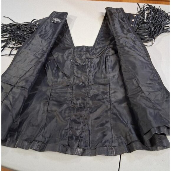 Black Leather Vest With Fringe Chain Accents & Pearl Studs Medium Leather Galler - Picture 3 of 9